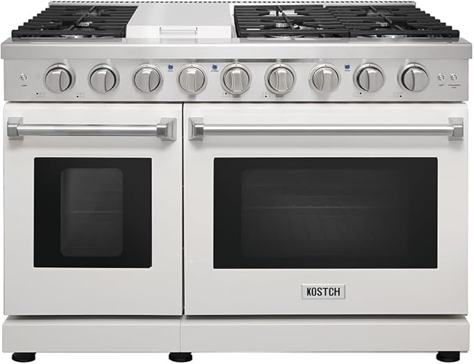 48 Inch Pro-Style Propane Gas Range with 6 Burners & 1 Griddle Cooktop, Double 4.6 cu. ft. and 2.2 cu. ft. Oven, in Stainless Steel - KOS-48RG03MLP (White)
