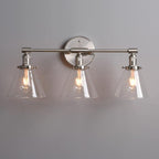 Phansthy 3-Light Wall Sconces Antique Brass Vanity Light, Industrial Wall Lamps with On Off Switch and Clear Glass Lampshade, Vintage Wall Lighting for Bathroom Living Room (Brushed, Cone Shade)