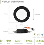 ASD Flat Trim Retrofit LED Recessed Lighting 6 Inch | Ultra Thin Black 12W 971LM Wet Rated Dimmable Downlights | 2700K-5000K Adjustable LED Recessed Light Fixtures | Disk Can Lights, ETL 12 Pack