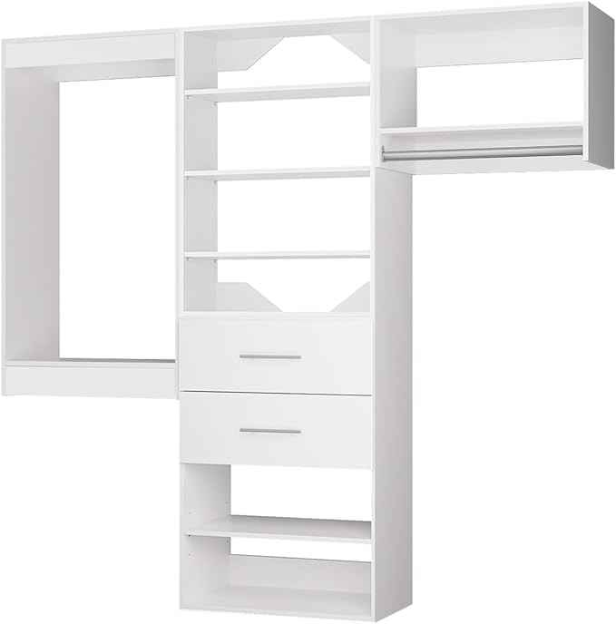 ROOMTEC Modular Closet System, 102" Wall Mounted Modern Closet Organizer with Hanging Rods and Drawers, Wooden Tower for Walk-In Closets, Wardrobe Storage Kit, White