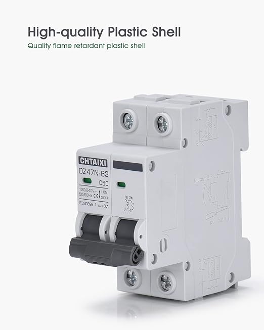 AC Miniature Circuit Breaker, 50 Amp 120V/240V 2 Pole DIN Rail Mount Circuit Breaker, Thermal Magnetic Trip, Solar AC Disconnect Switch MCB C50