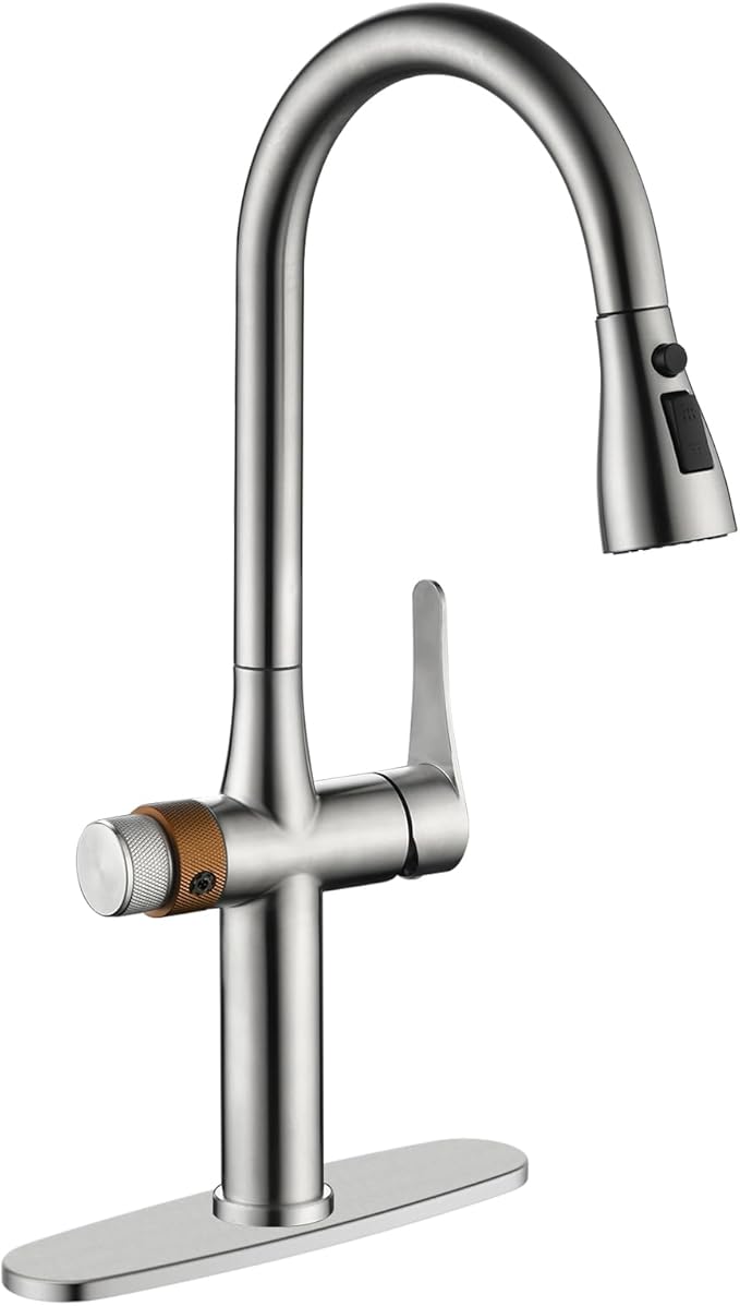 APPASO 3-Way Filter Faucet, Kitchen Faucet with Water Filter, 3 in 1 Faucet for Kitchen Sink Commercial Single Handle, SUS304 Stainless Steel Brushed Nickel (Without Filtration Device)