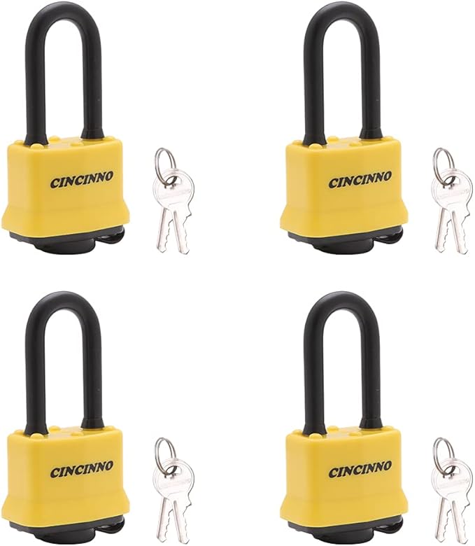 4 Pack Heavy Duty Covered Laminated Steel Padlocks Keyed Alike, Weatherproof Padlocks with 1-9/16 in. Wide Body, Long Shackle for Gate, Shed, Storage Locker Lock