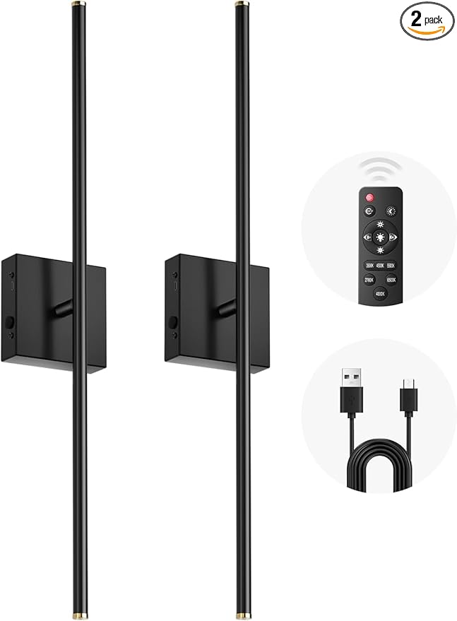 CLY Battery Operated Wall Sconce Set of 2, Dimmable 2700K-6500K Battery Wall Sconce with Remote Control 8000mAh Rechargeable Wall Lights Wireless Sconces for Mirror/Hallway/Living Room/Bedroom 28 Inch