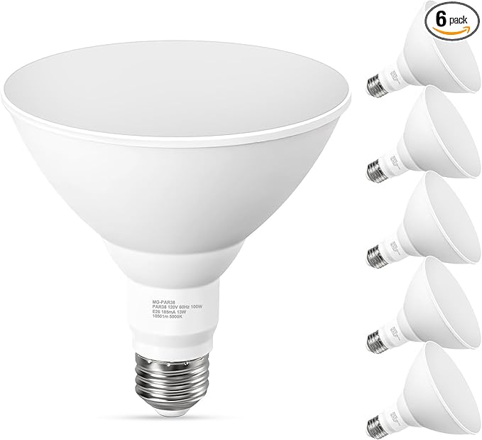 PAR38 LED Outdoor Flood Light Bulbs, 100W Equivalent, 5000K Daylight White, Dimmable Waterproof LED Floodlight for Porch Yard Garage, E26 Base 1050LM, 13W, 15,000 Hrs, 6 Pack