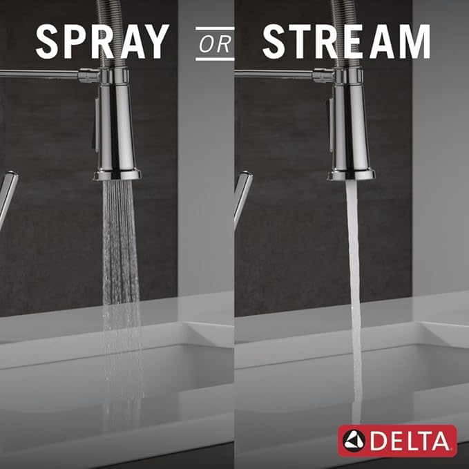 Delta Ermelo Pro Style Commercial Kitchen Faucet with Pull Down Sprayer, Chrome Single Hole Kitchen Sink Faucet, Single Handle, Chrome 18887-DST