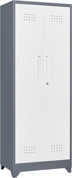 FLEXIMOUNTS 65'' Tall Metal Storage Cabinet with Locking Door, Large Cleaning Tool Organizer for Brooms, Garage, Laundry Room, Bathroom, Grey-White