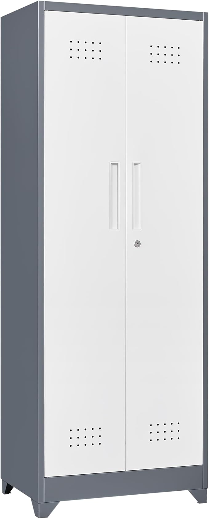 FLEXIMOUNTS 65'' Tall Metal Storage Cabinet with Locking Door, Large Cleaning Tool Organizer for Brooms, Garage, Laundry Room, Bathroom, Grey-White