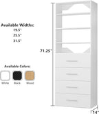 ROOMTEC Modular Closet System, 19.5" 4 Drawer Shelf Closet Tower Wall-Mounted Closet Organizer, Wooden Tower for Walk-In Closets, Wardrobe Storage Kit, White