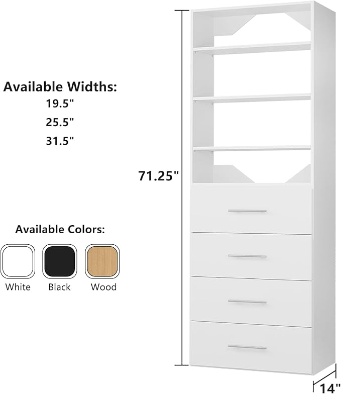 ROOMTEC Modular Closet System, 31.5" 4 Drawer Shelf Closet Tower Wall-Mounted Closet Organizer, Wooden Tower for Walk-In Closets, Wardrobe Storage Kit, White