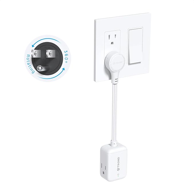 TROND 360° Rotating Flat Plug Outlet Extender Surge Protector with 6 Inch Cable, Small Rotatable Extension Cord, 900 Joules, 3 Way Plug, 15A, Compact for Indoor Home Office Travel Dorm Room, White