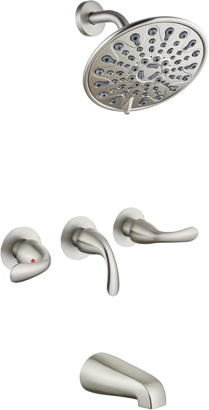 gotonovo 3 Handle Tub Shower Faucet Set, Bathtub Shower Fixture,Bathroom Tub and Shower Faucet Combo Shower System Complete Tub and Shower Trim Kit with 6 Settings Showerhead Brushed Nickel