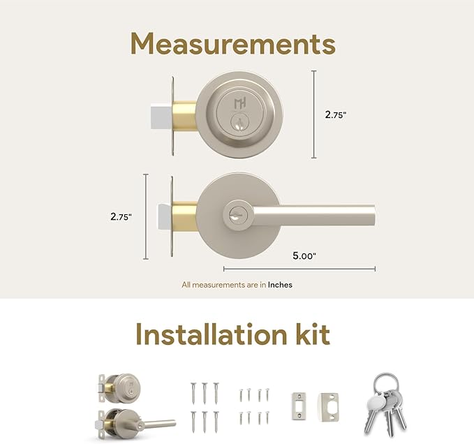 Mega Handles Ronn Entry Door Handle & Deadbolt Lock - 3 Pack Reversible Heavy Duty Brushed Nickel Door Handles & Deadbolt for Interior/Exterior Doors, Fits All Standard Doors - Satin Nickel