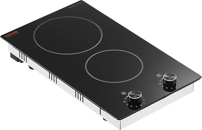 VEVOR Electric Cooktop, Built-in Electric Stove Top, with Glass Panel, Knob Control, 11 Heat Levels, for Diverse Cooking Requirements (12inch-2burners/110V)