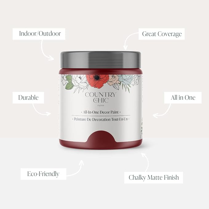 Country Chic All-in-One Chalk Paint for Furniture, Cabinets, Home Decor, Eco-Friendly, Matte Finish, Built-In Primer & Top Coat for Wood, Metal - Cranberry Sauce (red) - Quart 32 oz (950 ml)