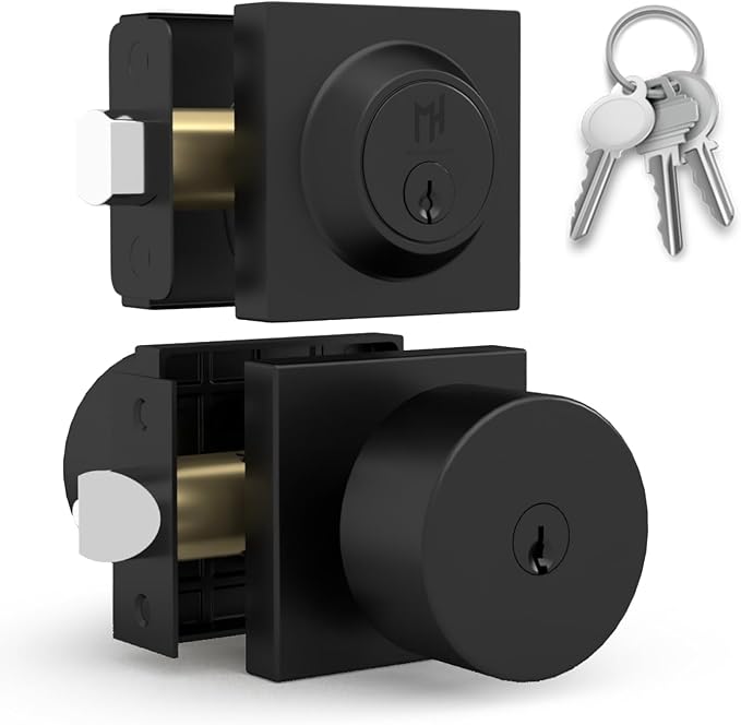 Mega Handles SUANA Entrance Combo, Door Knob and Cylinder Deadbolt and Key Combo, Heavy Duty Locking Door Knobs for Left or Right-Handed Doors – Matte Black