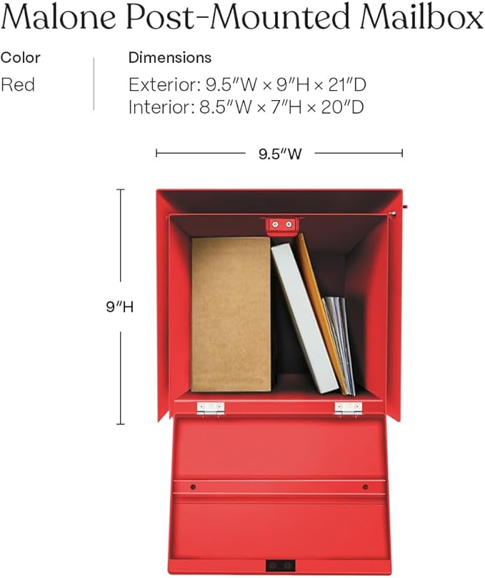 post & porch Malone Mailbox | Post Mounted Mailbox | Black/White/Gray/Brown/Red/Blue/Green, Regular or Large, Weatherproof Mail Box for Outside, Customizable (Red, Regular)