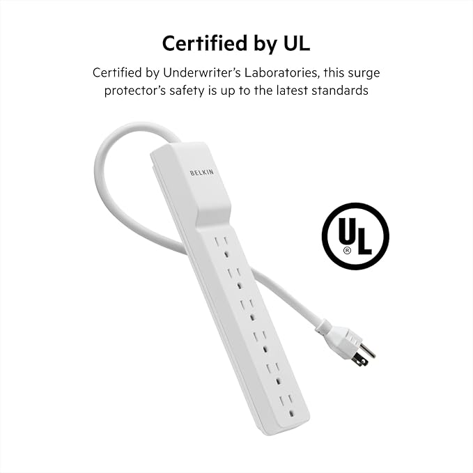 Belkin 6-Outlet Surge Protector Power Strip, UL-listed w/ 6 AC Outlets & 10ft/3M Cord, Overload and Overvoltage Protection for Personal Electronics, Small Appliances, & More - 720 Joules of Protection