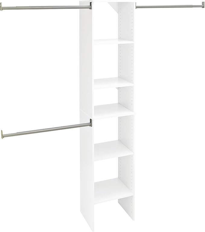 ClosetMaid SuiteSymphony Wood Closet Organizer Starter Kit with Tower and 3 Hang Rods, Shelves, Adjustable, Fits Spaces 4 – 9 ft. Wide, Engineered Wood, Pure White, 16"