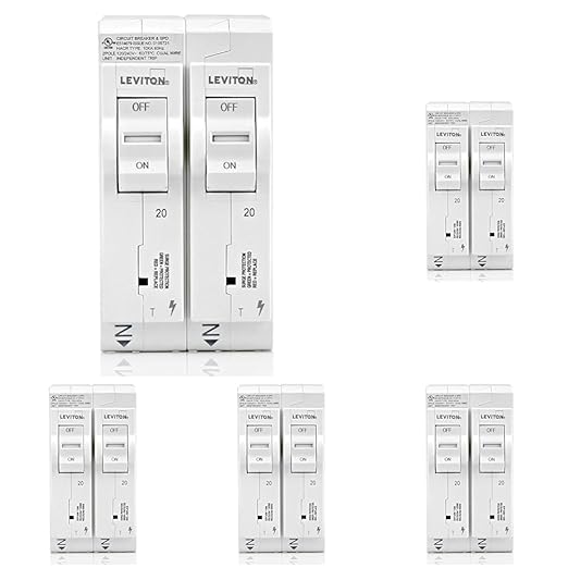 Leviton LSPD2-T Surge Protective Device with Two 20A 1-Pole Plug-On Standard Branch Circuit Breakers, Thermal Magnetic, 120/240 VAC, White (Pack of 5)