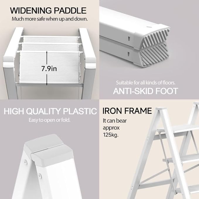 Step Ladder 3 Step Folding, Small Step Stool for Adults, Portable Anti-Slip Iron Stepladder with Wide Pedals for Home and Kitchen Use, Space Saving - White (300 lbs)