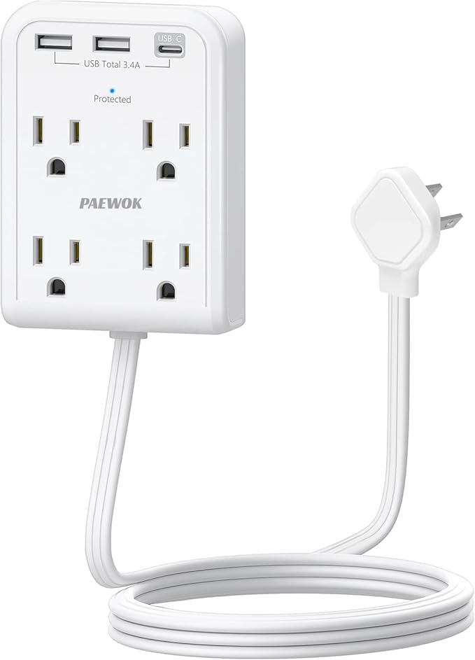 Flat Multi Plug Extender with 3 USB Wall Charger(1 Type C), 4 Outlet Wall Adapter, 4 ft Thin Extension Cord, Flat Plug Surge Protector Power Strip for Home, Office, College Dorm. White