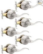 Mengico 6 Pack Satin Nickel Privacy Door Lever, Modern Interior Door Knobs Locks for Bedroom and Bathroom, Heavy Duty Door Handle, Reversible Wave Lever Handle