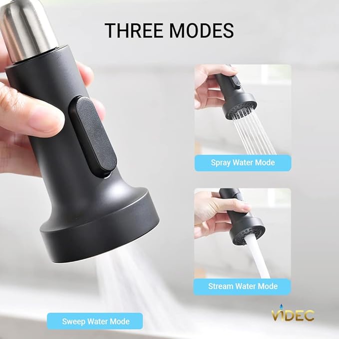 Smart Kitchen Faucet, 3 Modes Pull Down Sprayer, LED Temperature Control, Ceramic Valve, 360-Degree Rotation, 1 or 3 Hole Deck Plate. 10-Year Warranty. (KW-56R, Matt Black)