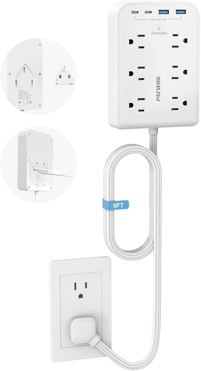 5 FT Flat Plug Extension with 4 USB(2 USB C), 6 AC Outlets Multiple Plug Expander Wall Charger, Ultra Thin Extension Cord, Power Strip Surge Protector for Home Office Kitchen. White