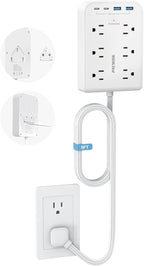 5 FT Flat Plug Extension with 4 USB(2 USB C), 6 AC Outlets Multiple Plug Expander Wall Charger, Ultra Thin Extension Cord, Power Strip Surge Protector for Home Office Kitchen. White