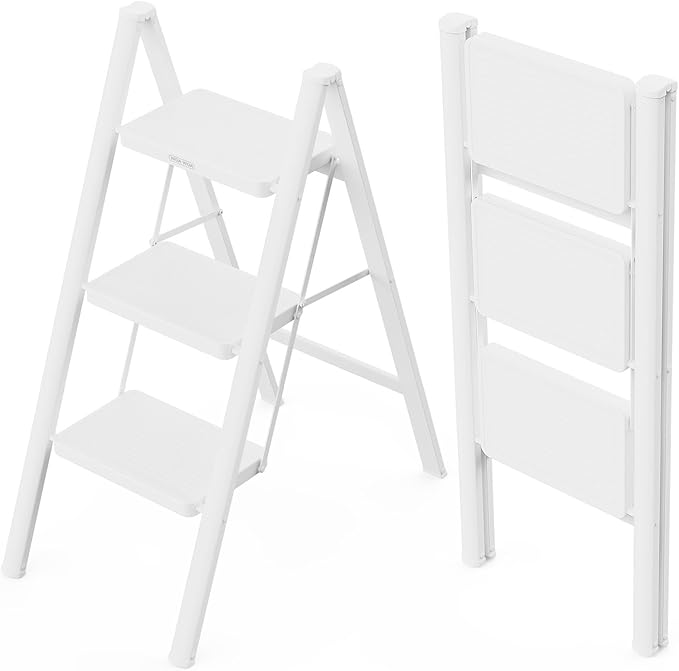 WOA WOA 3 Step Ladder, Folding Step Stool with Wide Pedals, Compact Stepping Stool for Kitchen, Sturdy Steel Ladders with Anti-Slip Feet, Supports up to 330 lbs - White