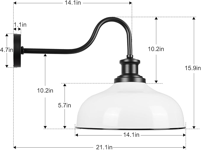 Outdoor Gooseneck Barn Lights, 14 Inch Dome Outdoor Wall Sconce Farmhouse Exterior Wall Mount Light Vintage Wall Lighting Fixture Industrial Wall Lantern for Porch, Entryway, Garage, RZ007M-2 WH
