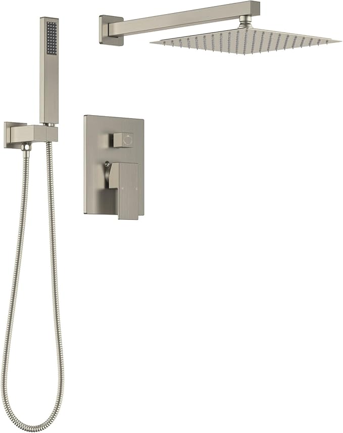 Lava Odoro Modern 2-Setting Square Shower System with Rain Shower Head and Handheld Spray Brushed Nickel, Rainfall Shower Faucet Set Brushed Nickel, Shower Valve and Trim Kit, SF103-BN