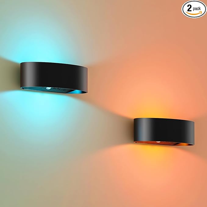 Motion Sensor Night Light, Rechargeable 5000mAh Battery Wall Sconce with Remote, 18 Colors, Dimmable, Timer, for Bedroom, Hallway, Stairs, Bathroom, Living Room (2-Pack, Black)