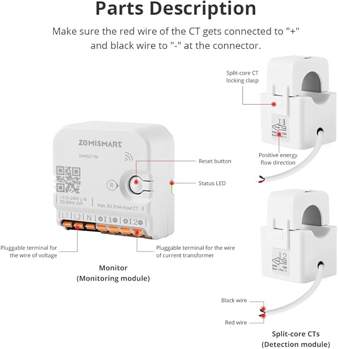 Smart Home Energy Monitor with 2 x 120A CTs, Real-Time Electricity Usage Monitor, Bi-Directional Power Tracking, Supports Single-Phase 3-Wire System, 2.4GHz Wi-Fi (WiFi Version)