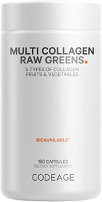 Codeage Multi Collagen Protein + Organic Raw Greens Superfood Capsules Supplement, 21 Fruits & Veggies, Grass-Fed Hydrolyzed Collagen Peptides, 5 Types All-in-One, 180 Count