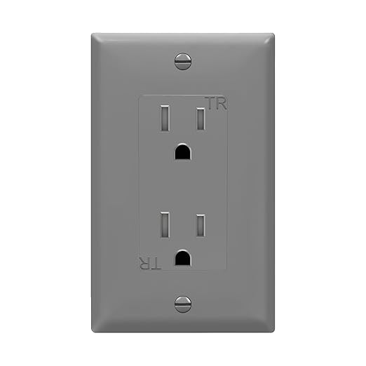 ENERLITES Decorator Receptacle Outlet with Wall Plate, Tamper-Resistant, Gloss Finish, Residential Grade, 3-Wire, Self-Grounding, 2-Pole, 15A 125V, UL Listed, 61501-TR-GYWP, Gray