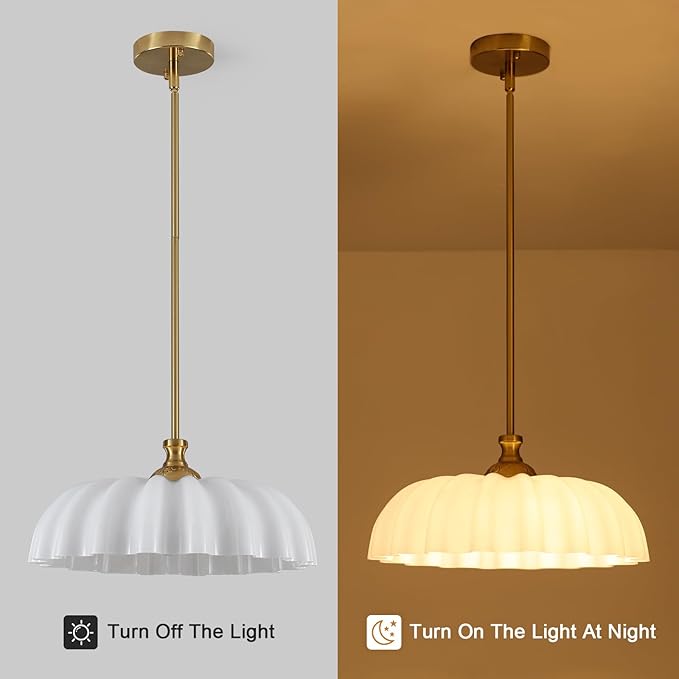 15.7" Vintage Flower Gold Chandelier - Adjustable Height White Milk Glass Shades Pendant Light Fixture for Kitchen Island, Dining Room, Bedroom