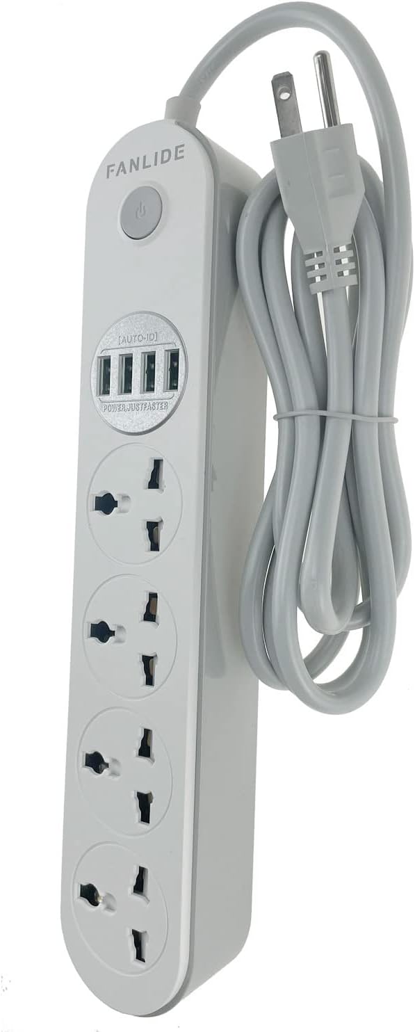 Universal Power Strip with USB Ports, 4 Outlets 4 Smart USB (5V 3.4A 17W), 6.5ft Power Cord, 2500W Circuit Breaker, Child Safe Door, for Cruise Ship,Dorm Room Multi Plug Extender