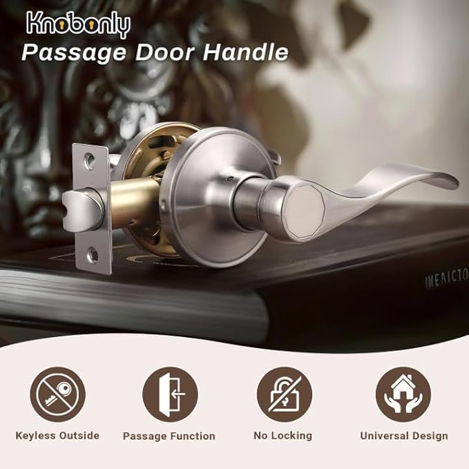 Knobonly 10 Pack Satin Nickel Pasage Door Levers Interior Door Handles for Hallyway andCloset Door Knobs Keyless Nickel Door Handles with Lock, Zinc Alloy Reversible for Right/Left