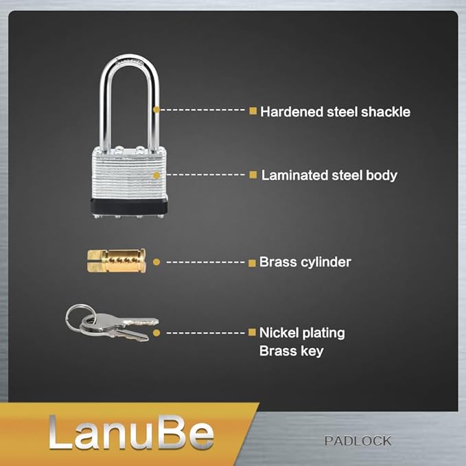 LanuBe Lock Laminated keyed Padlock (1-9/16", 40mm), keyed Alike Locks, Long Shackle,Marked Black Plastic Hoop, Pack of 120