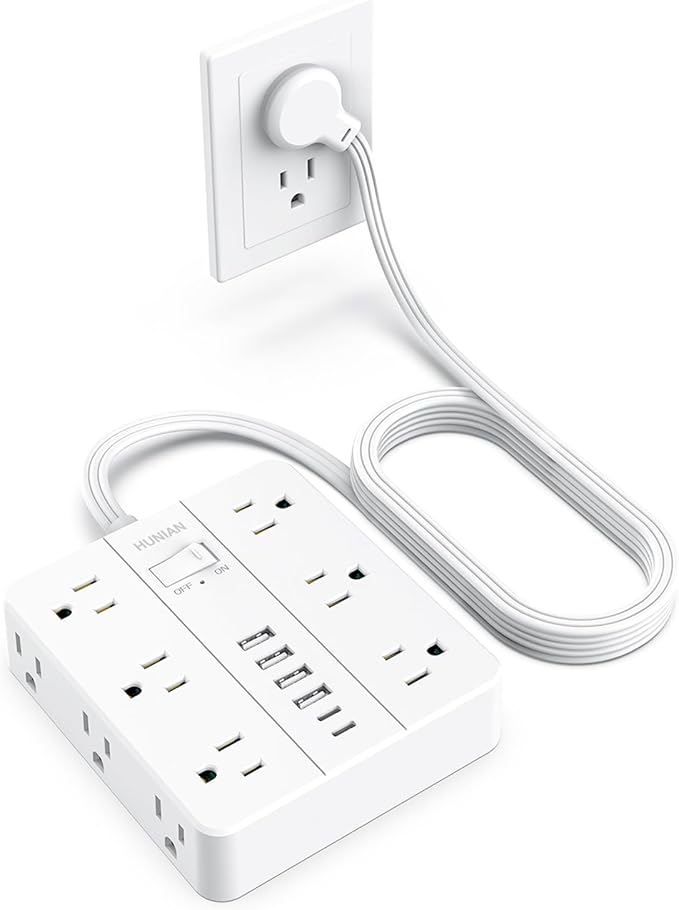 Flat Plug Surge Protector Power Strip, HUNIAN 12 Widely Spaced Outlets with 6 USB Charger (2 USB C Ports), 10 Ft Extension Cord Desk Charging Station for Home Office Supplies, Dorm Room, White