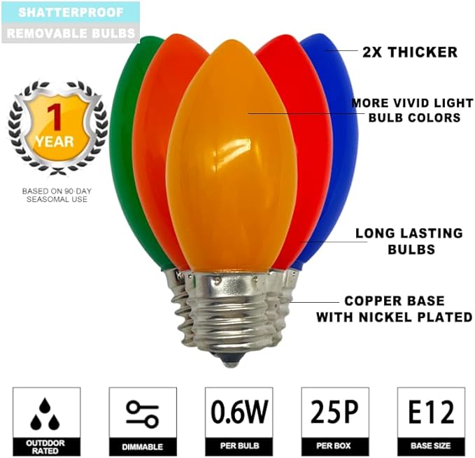 25 Pack C9 Multicolor LED Replacement Christmas Light Bulbs, E17 Base Led Bulb Outdoor Christmas Lights, Waterproof Commercial Grade Holiday Decoration Replacement Bulbs (Five Colors)