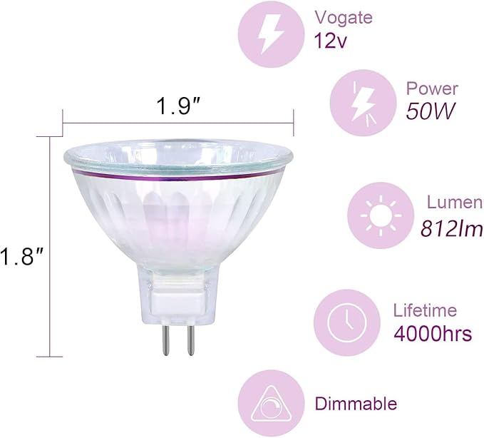 MR16 Halogen Light Bulbs 50W 12V 2 Pin GU5.3 Base Dimmable, Spot Light Bulbs, Indoor Spot 50W MR16 Bulbs with Clear Glass Cover, 6 Pack