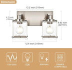 2-Lights Wall Sconce Lighting E26 Bulb Base, Modern Brushed Nickel Bathroom Vanity Light for Over Mirror Bedroom Cabinet, Wall Light Fixtures with Clear Glass Shades