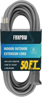 Indoor Outdoor Extension Cord 50 FT Waterproof, 16/3 Gauge Heavy Duty Gray Extension Cords, 13A 1625W SJTW Extension Cord with 3 Prong Grounded Plug, Great for Tools, Lights, UL Listed.
