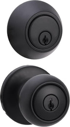 Amazon Basics Exterior Door Knob With Key Lock and Deadbolt, Coastal, Matte Black