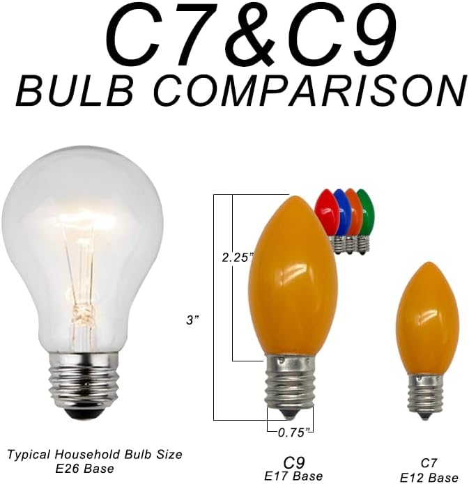 25 Pack C9 Multicolor LED Replacement Christmas Light Bulbs, E17 Base Led Bulb Outdoor Christmas Lights, Waterproof Commercial Grade Holiday Decoration Replacement Bulbs (Five Colors)
