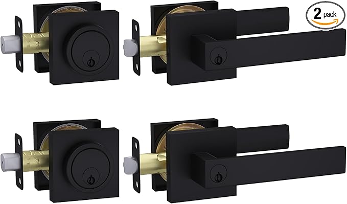 Haidms 2 Packs Black Exterior Door Lock Set with Deadbolt, Matte Black Front Door Handle and Deadbolt Set, Entry Door Locksets, Heavy Duty Zinc-alloyed Front Door Lock Set