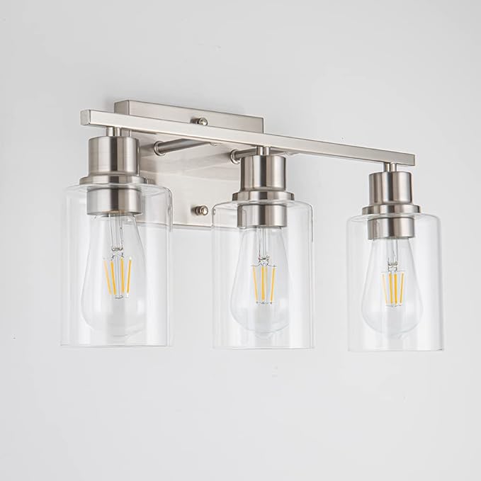 EMONG Brushed Nickel Bathroom Light Fixtures, 3-Light Vanity Lights with Clear Glass Shade, Wall Sconces for Hallway, Farmhouse, Living Room, Kitchen